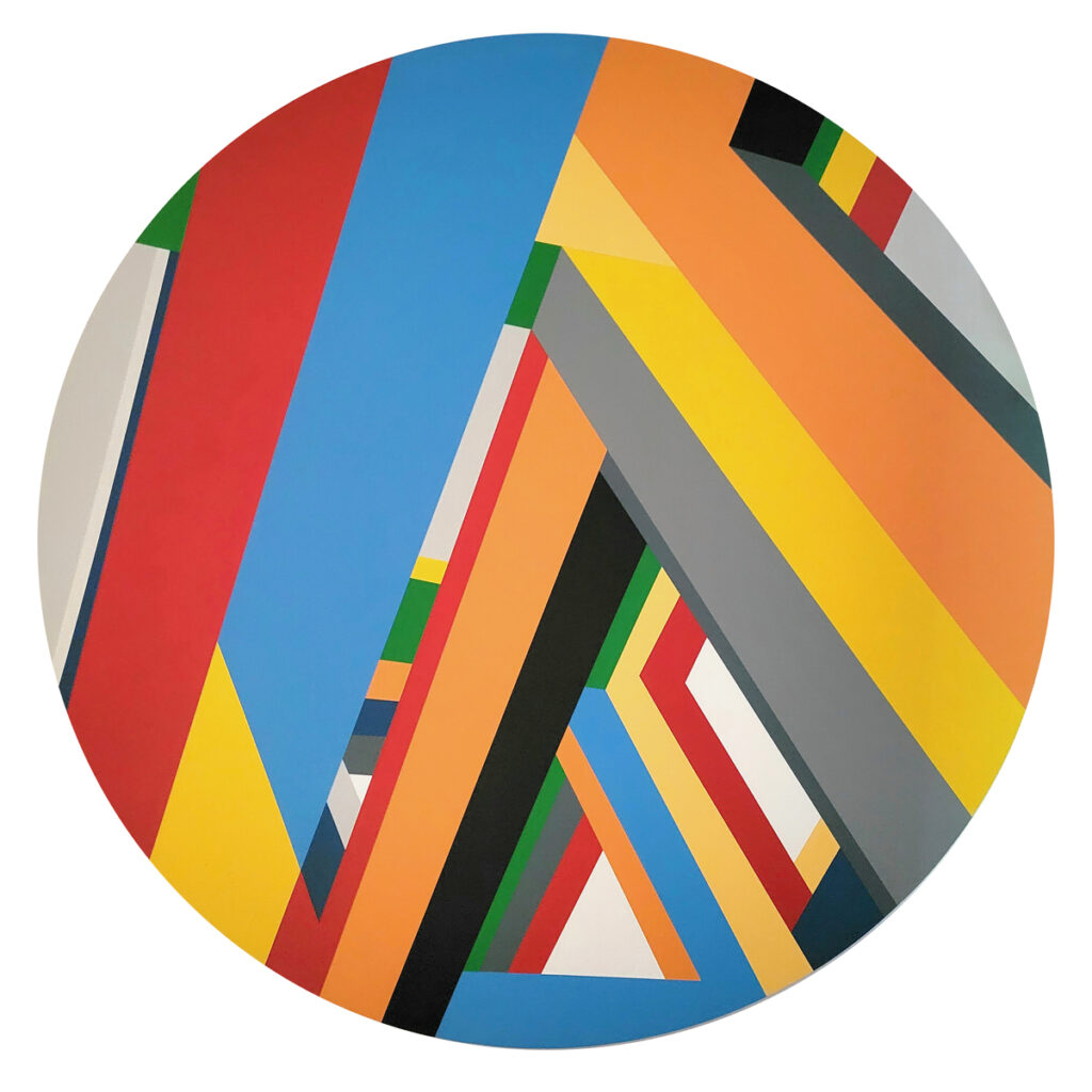 A round geometric abstract painting by artist Bryce Hudson
